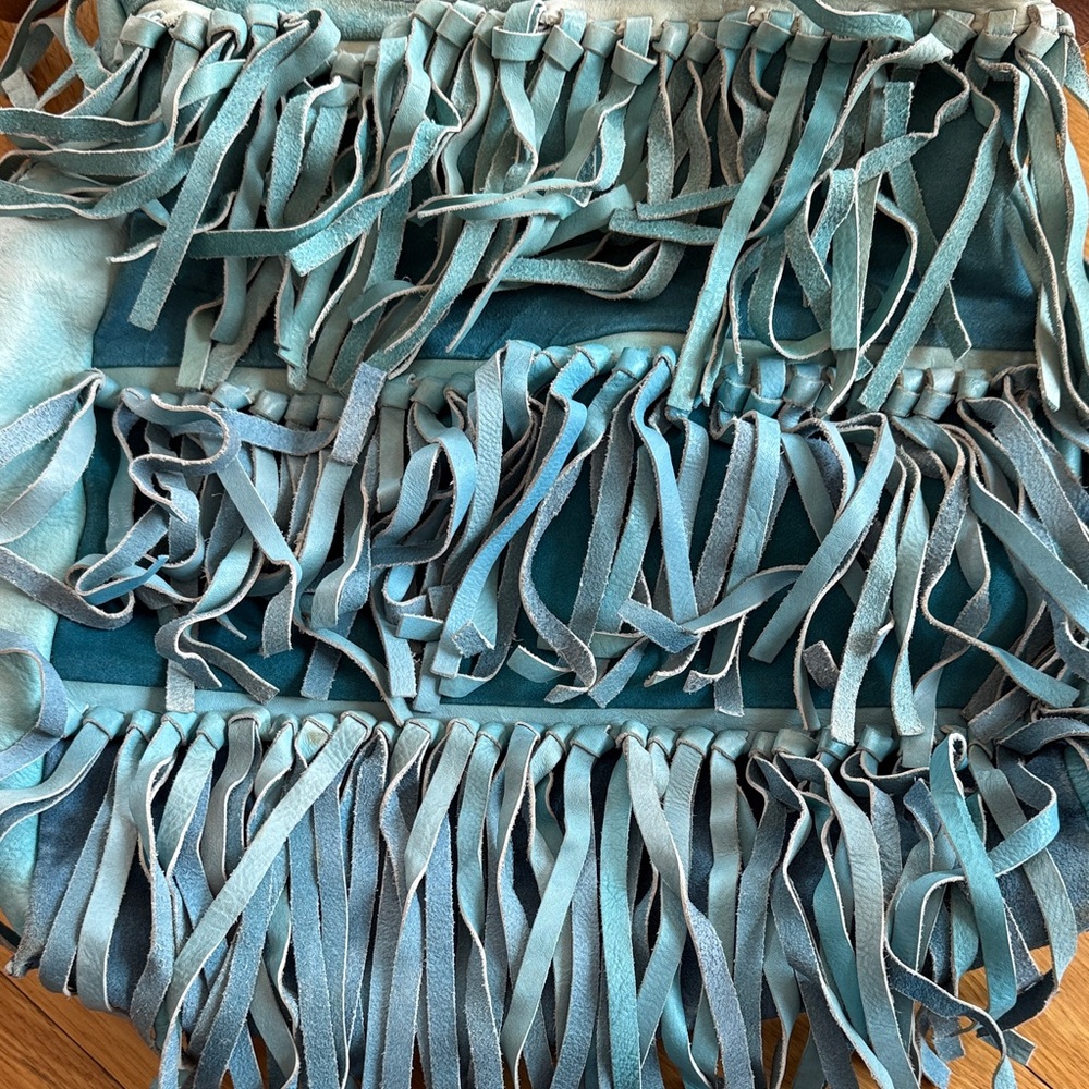 Fringed Suede Crossbody Bag in Teal with Brown Strap - Picture 2 of 4